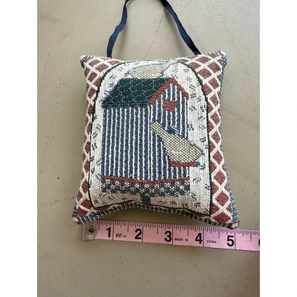 Tapestry Folk Art Geese Door Hanger Pillow Navy Blue Woven Heart Cottagecore